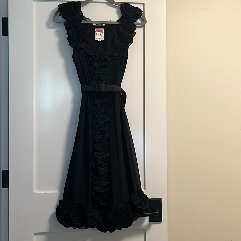Yoana Baraschi black dress with belt and floral details, size 8